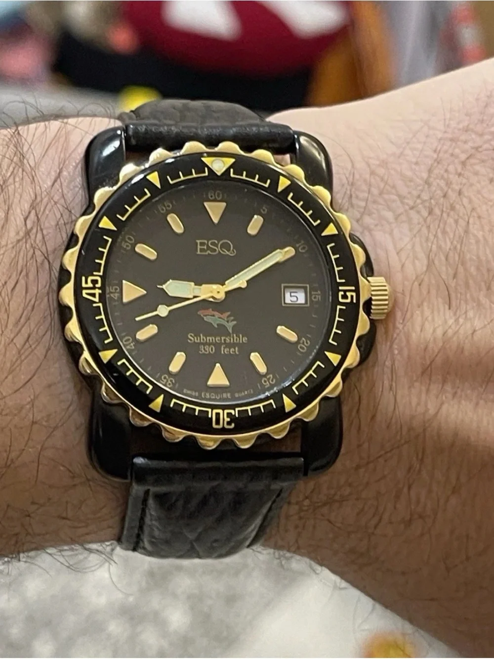 ESQ Movado Submersible Black Dial Gold Tone 330ft Diver 40mm Men’s Quartz
